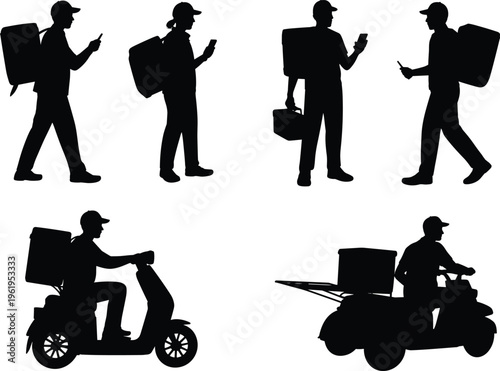 Black silhouettes of delivery couriers walking and riding scooters with backpacks and smartphones for food service and express logistics shipping.