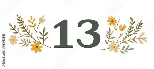 Artistic Isolated 13 Birthday Ornament in Light Tones with Floral Elements and Pastel Colors