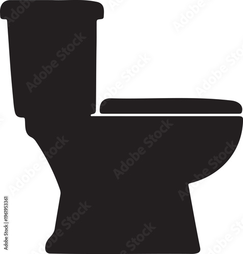 Minimalist black silhouette icon of a toilet, side view with tank and bowl, simple restroom signage style