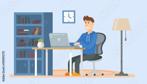 Young professional focused on productivity, comfortably working remotely on a laptop at a dedicated home office desk setup, illustrating modern flexible work arrangements