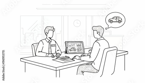 Professional Car Sales Consultation Illustration Salesperson presenting vehicle options and features on a digital tablet to a prospective buyer at an office desk