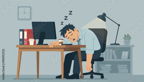 Exhausted office worker asleep at desk with computer, lamp, and documents, symbolizing burnout and fatigue