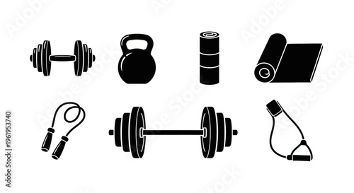 Fitness Equipment Icons: Dumbbells, Kettlebell, Jump Rope, Yoga Mat, Resistance Band