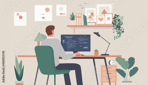 A person working remotely from a home office setup with plants and artwork creating a comfortable workspace