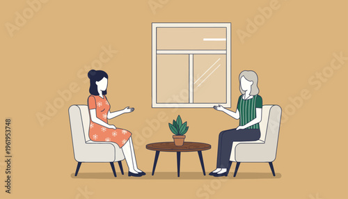 Two women engaging in a supportive conversation or counseling session, demonstrating active listening and interpersonal communication in a calm, inviting indoor environment