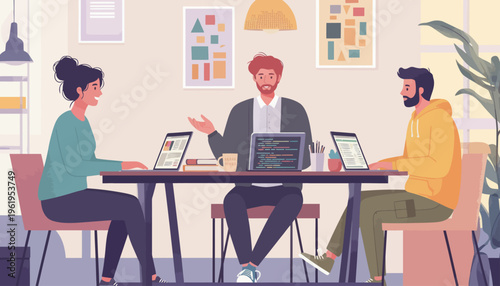 A diverse group of professionals collaborating at a table with laptops and engaging in a lively discussion