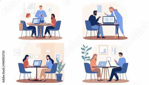 Diverse teams of professionals collaborate in various modern office and co-working spaces, illustrating effective communication, business meetings, and productive teamwork scenarios