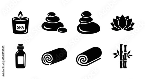 Spa Icons Set: Candle, Hot Stones, Lotus Flower, Oil, Towels, Bamboo