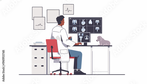 Professional male veterinarian conducting animal health check-up with digital X-ray technology for pet diagnosis