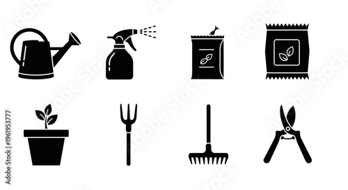 Gardening Tools and Supplies Icons Set: Watering Can, Sprayer, Seeds, Pot, Fork, Rake, Secateurs