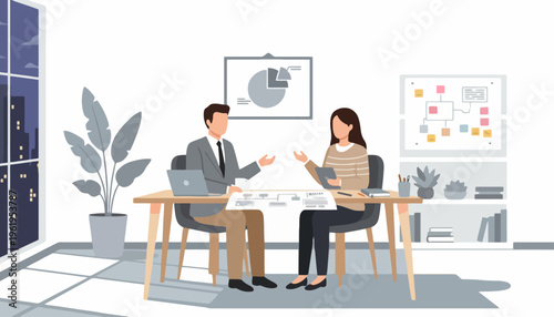 Two business professionals engaged in a productive discussion at a modern office desk, reviewing documents and strategizing for project success in a collaborative corporate setting
