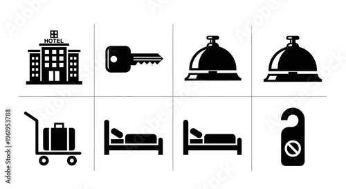 Hotel Icons Set: Building, Key, Bell, Luggage Cart, Bed, Do Not Disturb Sign