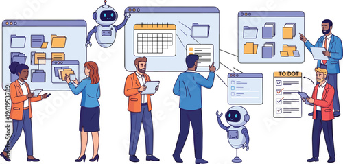 Professional Business Team Collaborating with Artificial Intelligence Robots for Digital Task Management Project Planning and Automated Workflow Organization in Office