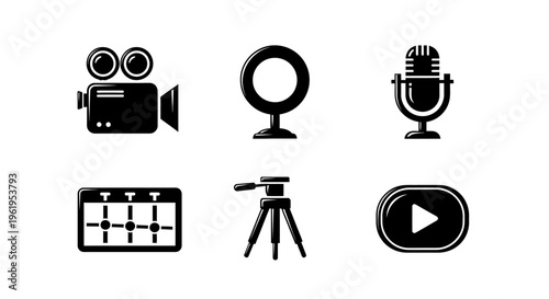 Video Production Icons: Camera, Ring Light, Microphone, Mixer, Tripod, Play Button