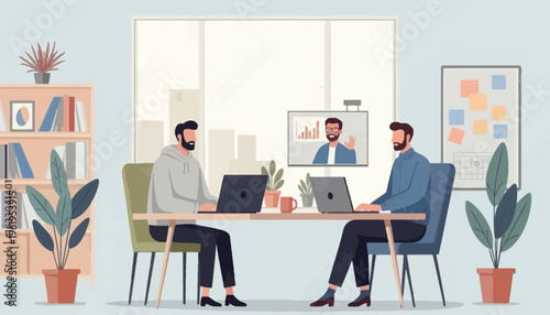 Two colleagues engaged in a hybrid business meeting, collaborating in a modern office space with a remote team member joining via video conference call on a screen