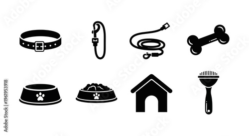 Dog Pet Care Icons Set: Collar, Leash, Bone, Food Bowl, House, Grooming Brush