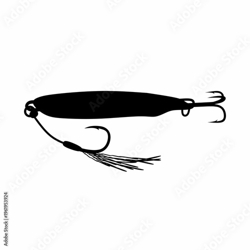 Vector illustration of a fishing hook with fake fish bait on a white background. Fishing equipment concept.