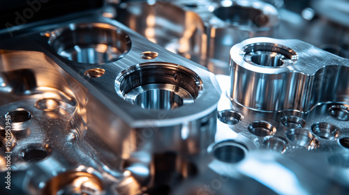 High precision CNC machined steel components with polished surfaces and intricate bores for industrial engineering and manufacturing applications in the aerospace or automotive industry