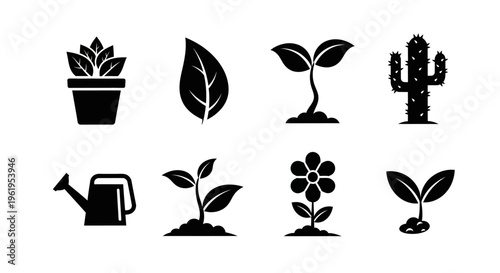 Plant Growth Icons: Seedling, Potted Plant, Cactus, Watering Can, Flower