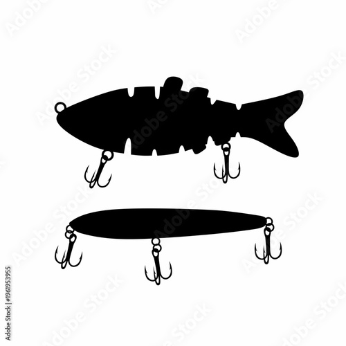 Vector illustration of a fishing hook with fake fish bait on a white background. The concept of fishing equipment for catching fish in the sea and lakes.