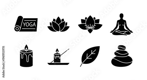 Yoga and Meditation Icons: Lotus, Candle, Zen Stones, Leaf, Yoga Mat
