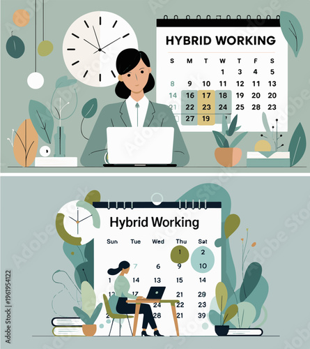 Vector set of illustrations on the theme of hybrid work and flexible working. Woman working at a laptop on the background of a calendar and a clock. Concept of time management, planning and remote off