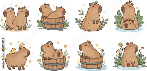 Cute capybara characters set with flowers, water and wooden tub, adorable cartoon animals collection for kids illustration, nursery decor and nature design