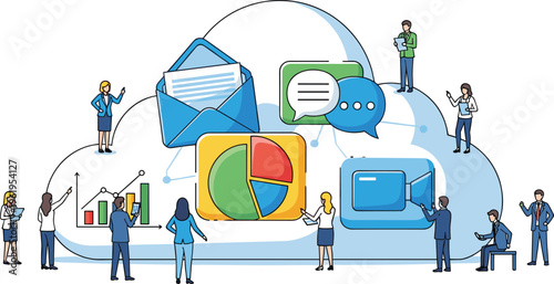 Professional Business Team Working Around a Large Cloud Computing Icon with Digital Communication Data Analytics Video and Email Marketing Elements
