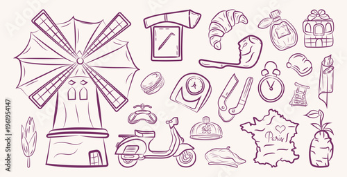 Hand Drawing Travel with Paris line art vector illustration set Or collection, Doodle clean line art Paris travel icon design set