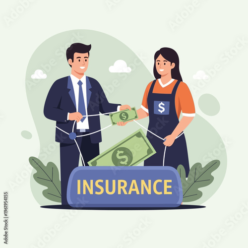 Man and Woman Exchanging Money for Insurance.