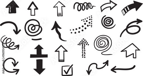 Hand-Drawn Black Curly Swirl Arrow and Spiral Doodle Vector Set