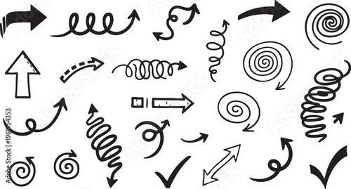 Hand-Drawn Black Curly Swirl Arrow and Spiral Doodle Vector Set