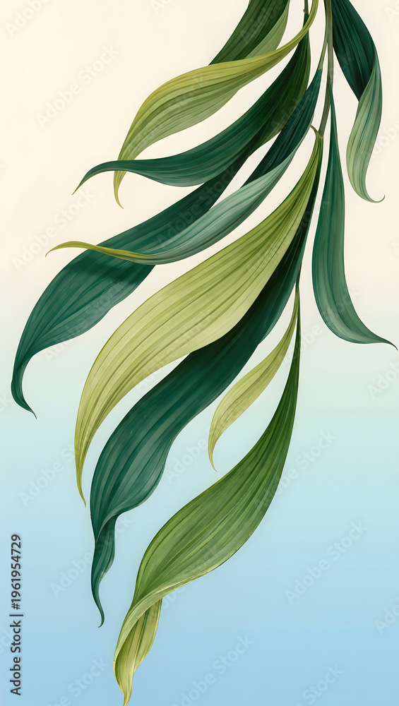 Obraz premium Elegant Long Green Leaves Hanging over Soft Blue and Cream Gradient