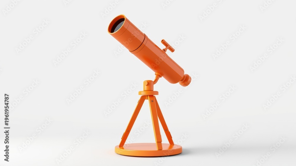Fototapeta premium Orange telescope rests upon tripod. Minimalist studio shot, clean background, simple design. Focus on astronomy, observation equipment.