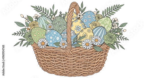 Easter eggs in a wicker basket with flowers