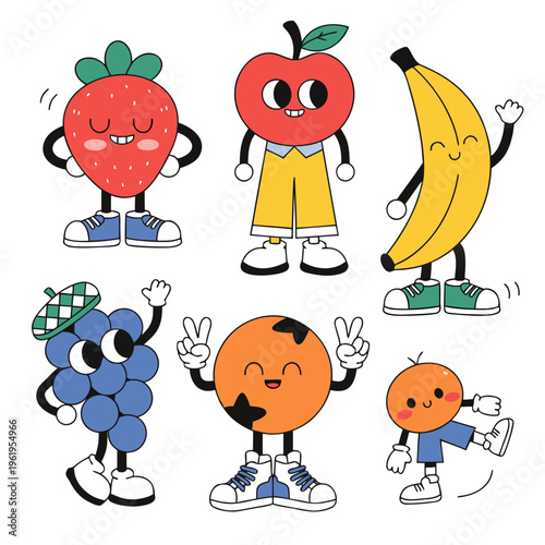 Adorable kawaii fruit characters set, strawberry, orange, banana, apple and grapes with happy faces, vector doodle stickers.