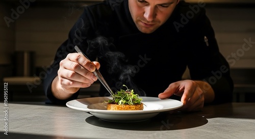 Male chef placing microgreens on fine dining dish with tweezers, contemporary restaurant kitchen background, culinary photography for premium restaurant branding and editorial food ads