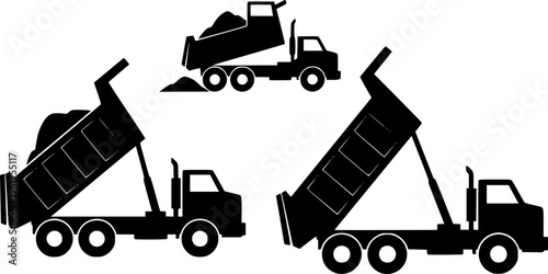 Collection of solid black dump truck silhouettes, minimalist construction tipper vehicle and heavy machinery vector illustrations isolated on white.