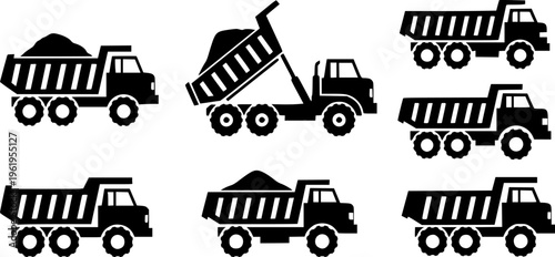 Collection of solid black dump truck silhouettes, minimalist construction tipper vehicle and heavy machinery vector illustrations isolated on white.