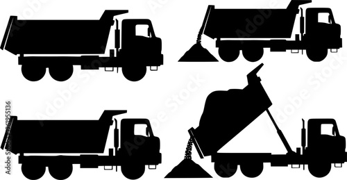 Collection of solid black dump truck silhouettes, minimalist construction tipper vehicle and heavy machinery vector illustrations isolated on white.