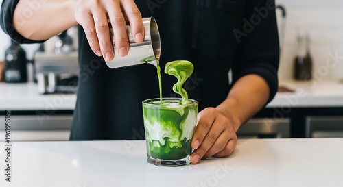 Male coffee shop worker crafting dirty matcha espresso drink, modern Japanese-inspired café background, beverage photography for trendy coffee branding and contemporary café marketing