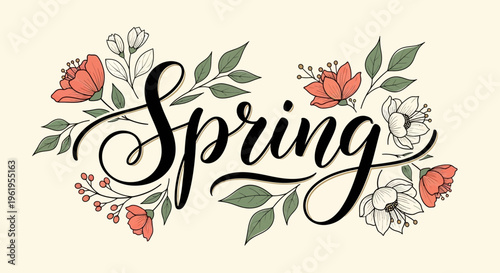 Spring flowers and leaves on a beige background