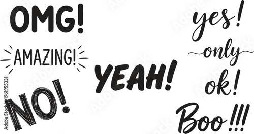 A collection of various expressions and reactions in bold typography on a white background