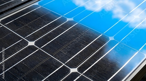 A solar panel under a bright blue sky with a few clouds