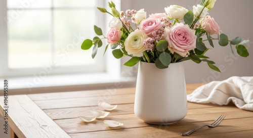 A vase with a bouquet of flowers on a wooden table, with petals scattered on the table. The background features a window with natural light. The flowers include roses and ranunculus