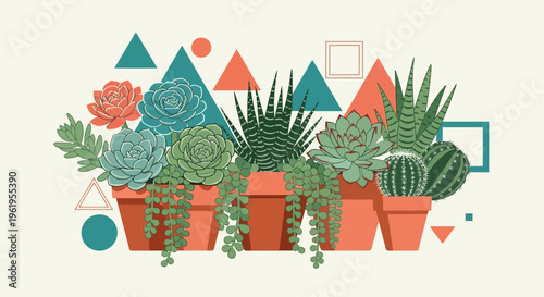 A colorful illustration of succulents and cacti in pots