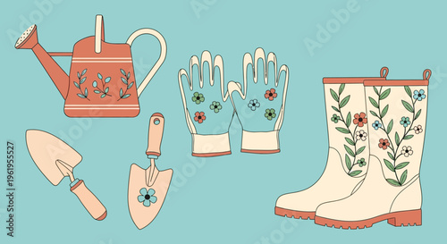 A set of gardening tools and accessories with floral designs