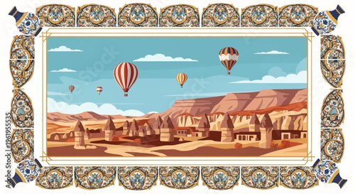 Colorful abstract vector illustration of hot air balloons over a desert landscape, modern digital art background with a decorative border