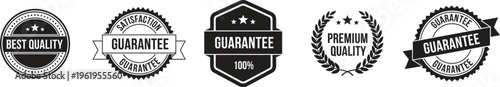 A set of black and white guarantee labels and seals on a plain white background