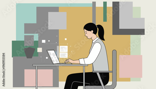 Woman focused on laptop, working remotely in a modern office space with geometric art background